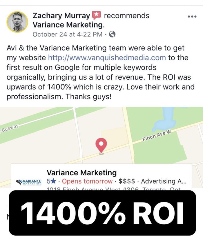 Client review reporting a 1400% ROI from SEO
